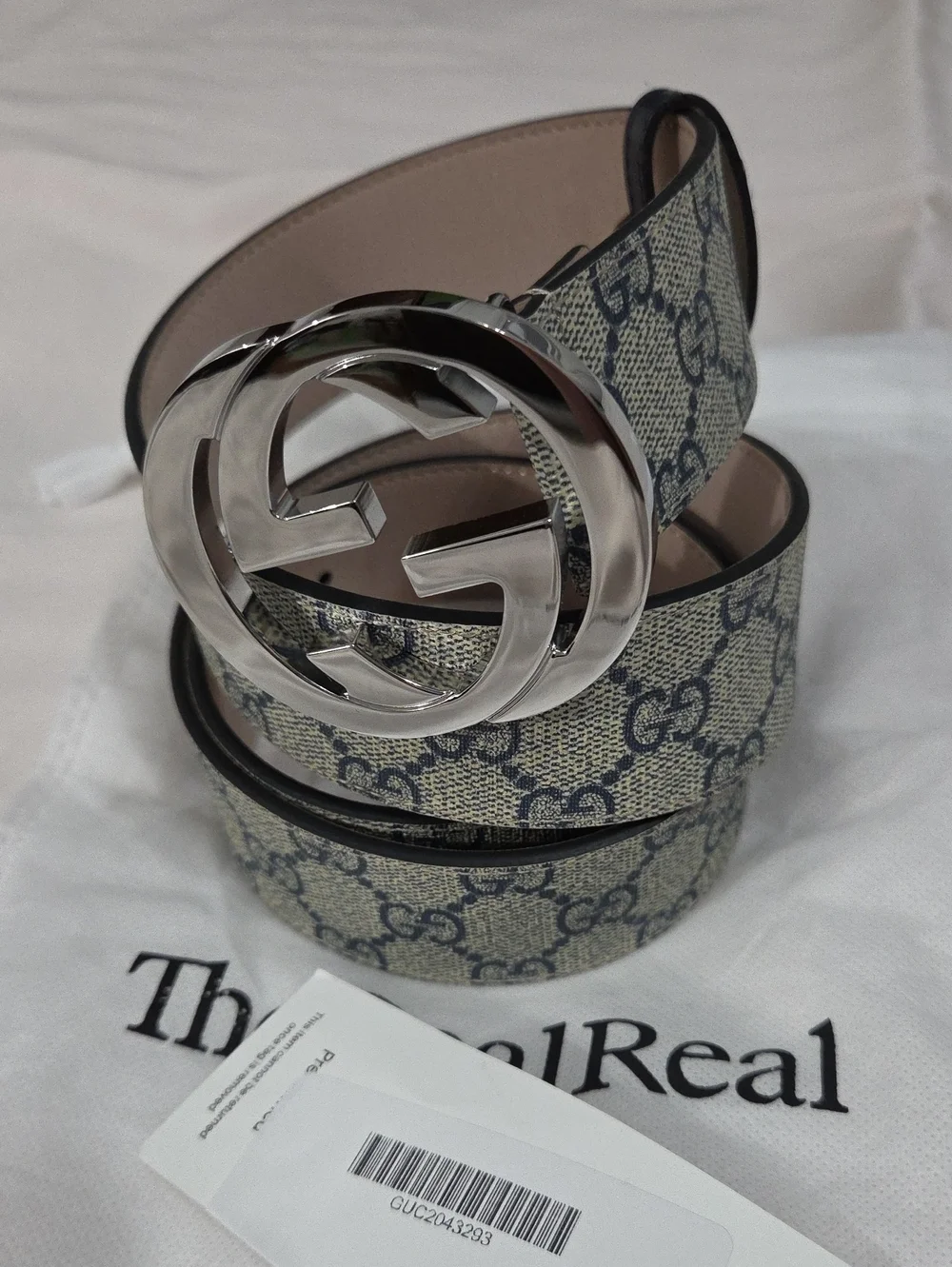 Gucci GG Supreme Monogram Belt with Silver Double G Buckle Beige/Navy